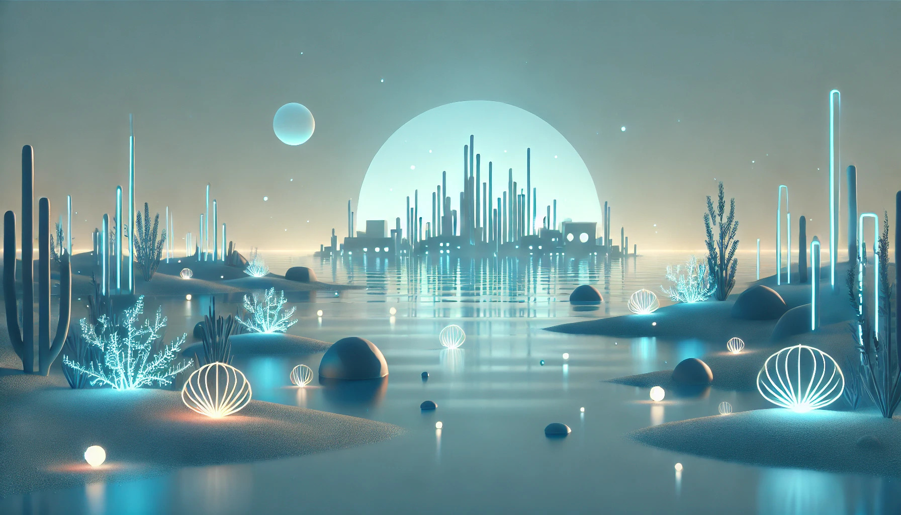 DALL·E 2024 07 14 23.48.39   A minimalist sci fi scene featuring a serene underwater city with glowing structures and bioluminescent marine life. The water is calm and clear, with